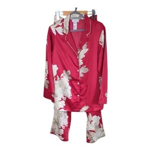 Natori Floral 2-Piece Pajama Set Red Cream Size Small Button Down Long Sleeves